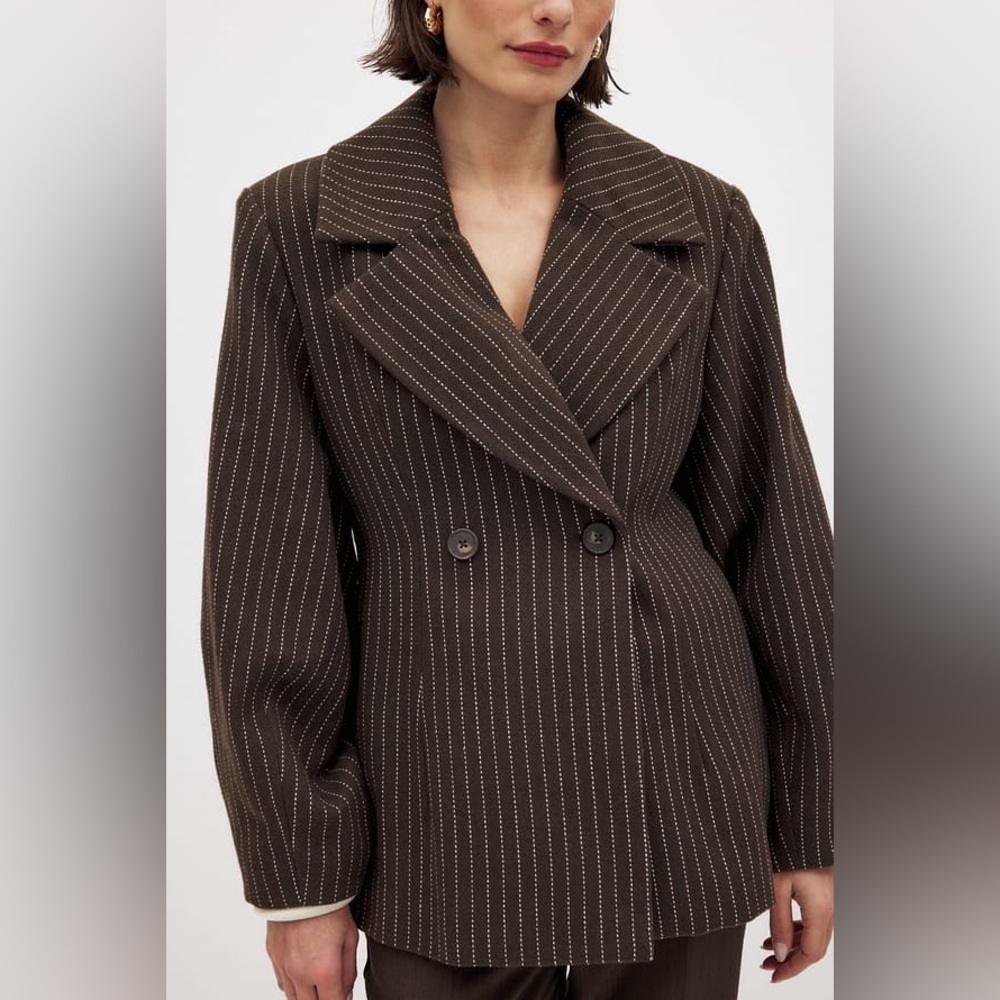 NA-KD Brown Wool Pinstripe Blazer Barrel Old Money Quiet Luxury 90s Retro Fall 6 - Picture 5 of 12